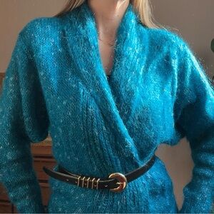 Vintage Dolmain Sleeve Fuzzy Blue Mohair Handmade Cardigan Size Medium
